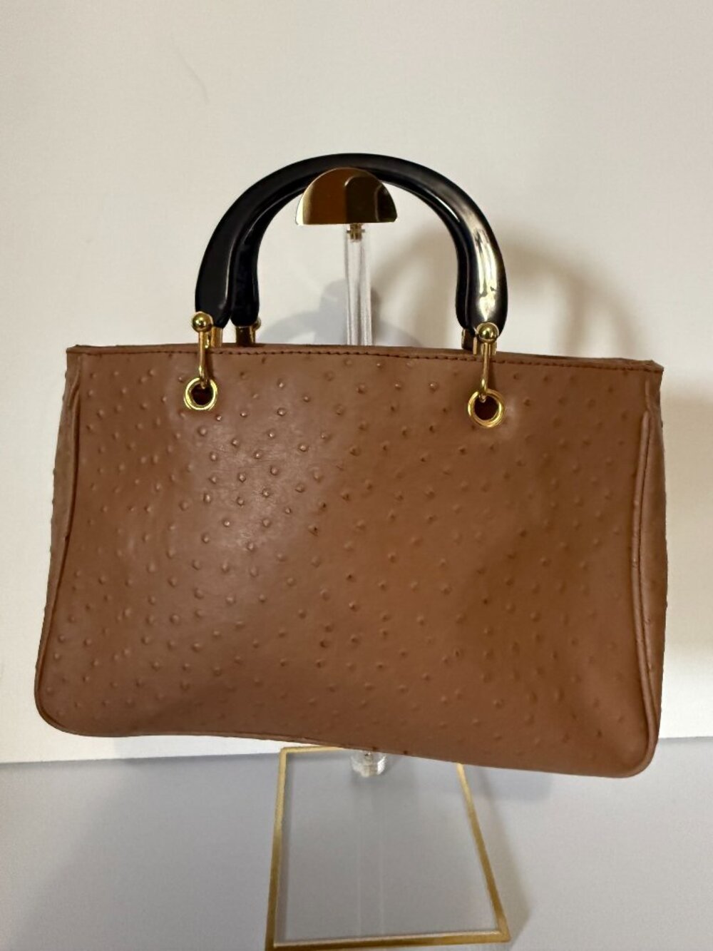 Vintage Speranza Ostrich Embossed Genuine Leather Handbag, Lacquer Handles